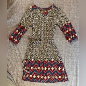 Lux Chevron Pattern Midi Dress - Black, Cream, Red, and Blue with Tie Waist